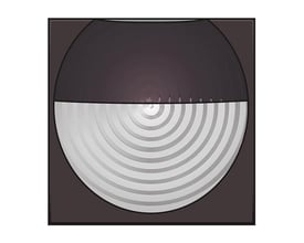 Abstrakt illustration af Niko bevægelsessensor, der viser en mørkebrun og sølvfarvet cirkulær linse med koncentriske cirkler.