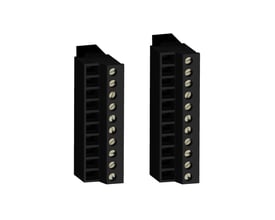 Schneider Electric klemrække med skrueklemmer til TM221 M og TM3 moduler, præsenteret parvis på hvid baggrund.