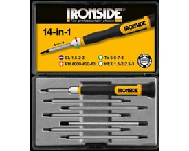 Ironside 14-i-1 skruetrækkersæt til elektronik med sort og gult greb samt bits i et åbent etui.