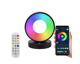 Demonstration af cirkel RGBIC lampens fjernbetjening og smartphone-app, der viser farvejusteringer.