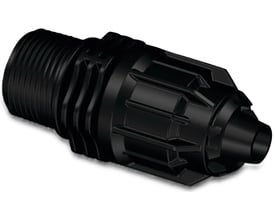 Bevo Nordic PP-overgang, sort, med 16 mm tilslutning og 3/4" nippel, designet til 4 bar tryk.