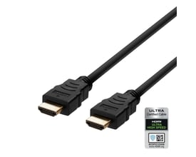 Deltaco ULTRA High Speed HDMI-kabel på 3 meter i sort, med guldbelagte stik og certificeringsmærkat.