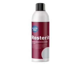 Kiilto Pro Rosterit plejemiddel til rustfrit stål, 400 ml flaske med mørkerød etiket og hvid bund.