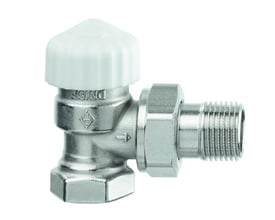 Detaljeret billede af IMI Calypso Exact DN15 vinkel radiatorventil, viser gevinddetaljer og forniklet messingoverflade.