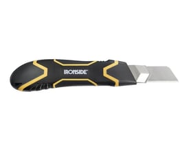 Ironside hobbykniv med autolås, 25 mm blad og sort-gult 2-komponentgreb, set fra siden med bladet trukket ud.