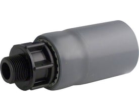 Grå overgang til indføringsbøjning med sorte gevind og 63mm tilslutning, ideel til VVS-installationer.
