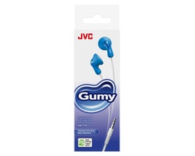 JVC HA-F14 Gumy in-ear høretelefoner i blå, med hvid ledning og sølv stik, præsenteret i papiremballage.