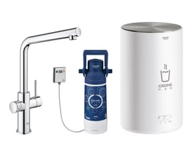GROHE Red II Duo køkkenarmatur med kromfarvet L-tud, M-kedel, filter og tilhørende styring.