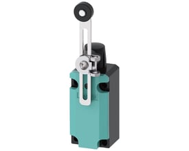 Detaljeret visning af Siemens Sirius endestop, der fremhæver den robuste metalkonstruktion og den justerbare aktuatorarm med rulle.