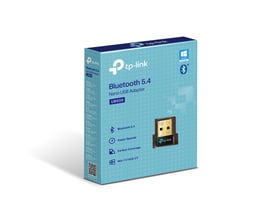 Æsken til TP-Link UB600 nano USB-adapter viser en blågrøn emballage, der er mærket UB500 og Bluetooth 5.4.