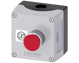 Siemens 3SU1 trykknapkasse i grå plast med rød 30mm trykknap og et symbol for nødstop.