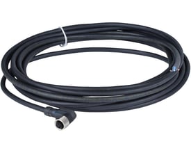 Schneider Electric 10m M8 3-pole sensorkabel med vinklet hunstik, sort PUR-kappe og synlige ledningsender.