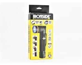 Emballagen til Ironside Twist +UV håndlampen viser lampen med drejeligt hoved, UV-lys og lysstyrke på 1000 lumen.