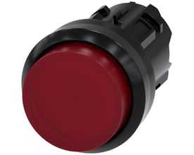 Siemens oplyst trykknap, 22mm diameter, med rund, rød plastknap og sort monteringsramme.