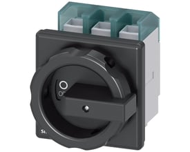 Siemens SENTRON 3LD hovedafbryder, 3-polet og 125 A, med sort drejehåndtag og synlige tilslutninger.
