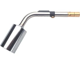 Sievert blødflammebrænderhoved med 50 mm diameter, fremstillet af skinnende metal med en sort klemme og messing dyse.