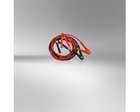 Osram startkabler 1200A, 5 meter lange med røde og sorte klemmer, lagt i en cirkel på en lys grå baggrund.
