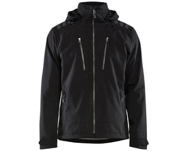 Blåkläder Workwear sort softshell jakke i størrelse XL med aftagelig hætte, lynlåslommer og velcro ved ærmerne.