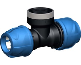 Georg Fischer iJOINT tee fitting i sort plast med blå kompressionskoblinger og 1½" indvendigt gevind til 50mm rør.