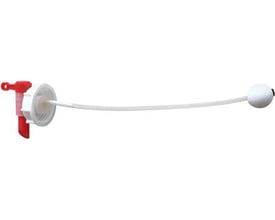 Kabi aftapningshane til 60 liters dunke med 70 mm gevind, viser hanen med rød betjeningsarm og hvid slange med prop.