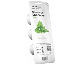 Click & Grow refillpakke med 3 korianderkapsler, vist fra siden med produktinformation og QR-kode.