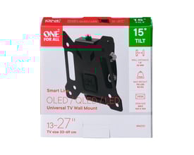 One For All WM2121 TV-vægbeslag i sort, vist i produktemballage med tydelig angivelse af 15° tilt og VESA-kompatibilitet.