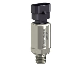 Schneider Electric tryktransmitter XMEP med G1/4A gevindtilslutning og sort AMP/Deutsch-konnektor på hvid baggrund.