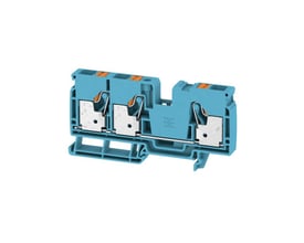 Weidmüller gennemgangsklemme, blå 10mm², med PUSH IN tilslutning isoleret på hvid baggrund.