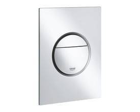 Grohe Nova Cosmopolitan S betjeningsplade i matkrom, viser det cirkulære skylleknap med Grohe logo på en firkantet plade.