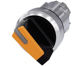Siemens 22mm lysomskifter i metal med højglans orange front og sort drejeknap på hvid baggrund.