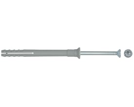 Fischer sømdybel N, 5x30 mm, grå plastdybel med integreret slagspærre og en skrue med undersænket hoved ved siden af.