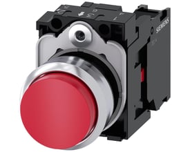 Siemens trykknap 22mm med 1 NC kontakt, rund rød metalfront og skrueterminal vist forfra med holder.