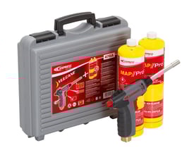 Weller Express Vulcane 470a gasbrændersæt med turbobrænder, to gasflasker og opbevaringskuffert.