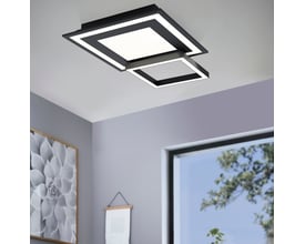 EGLO Savatila-Z loftlampe i sort stål, med to firkantede elementer, monteret i et moderne rum med grå vægge.