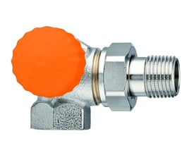 IMI Eclipse DN15 vinkel radiatorventil med integreret flowbegrænser, forniklet messing, og orange drejeknap.