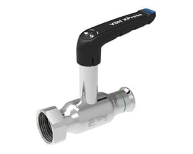 VSH Xpress kuglehane i rustfrit stål med en 3/4" gevind, 22 mm pressfitting, høj spindel og sort håndtag med VSH Xpress logo.