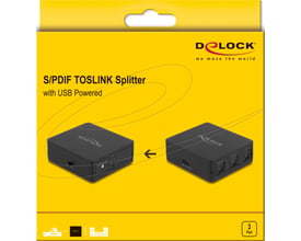 Emballagen viser DeLock S/PDIF TOSLINK-splitteren med én indgang og tre udgange til USB-strøm.