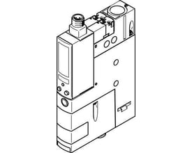 Festo vakuumejektor OVEM-14-H-B-GO-CE-N-1P med 1,4 mm Laval dyse og åben lyddæmper, vist i teknisk tegning på hvid baggrund.