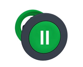 Schneider Electric Harmony XB5/ZB5 flush trykknap i grøn med hvidt "II" symbol og grå kant. Set forfra.