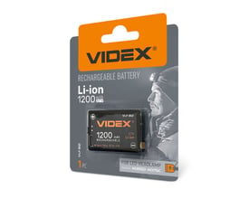 Videx genopladeligt Li-ion-batteri på 1200 mAh i emballage, med batteriet synligt foran på pakken.