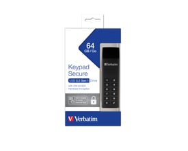Verbatim Keypad Secure USB-drev med 64 GB vises på emballagen med numerisk tastatur og AES-256-kryptering.
