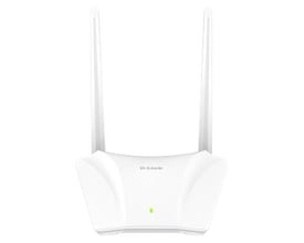 Hvid D-Link N300-router med to lodrette antenner, set forfra; den giver Wi-Fi på 2,4 GHz.