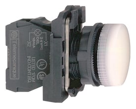 Detaljeret sidevisning af Schneider Electric Harmony Style 5 signallampe med hvid knap og mærkat med tekniske data som 24VDC.