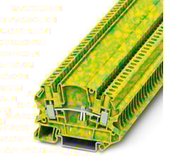 Phoenix Contact UTMED 4-PE jordklemme i grøn/gul med skruetilslutning, monteret på skinne.