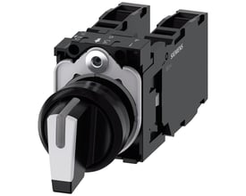 Siemens vælgerkontakt med lysbar, 22 mm rund i sort/hvid plastik med 3 kontaktpositioner og 2x1NO+1NC skrueklemme.