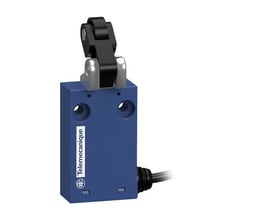 Telemecanique Sensors XCMH2121L1R0-endestopkontakt med blåt hus, sort rullearm og sideført kabel, set skråt forfra.