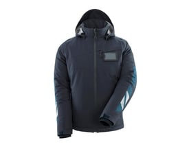 Mascot Accelerate vinterjakke i mørk marine, XS, vist forfra med hætte. Jakken fremviser refleksdetaljer på ærmerne og en kvadratisk lomme på venstre bryst.