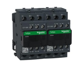 Schneider Electric TeSys D reverser kontaktor, 25A, 2x3P, 24VAC, med 2NO+2NC hjælpekontakter på mørkegrå baggrund.