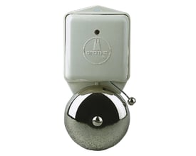 Grothe Urmet industriklokke til indendørs brug med 230V, lavet af gråt plast med en blank metal klokke.