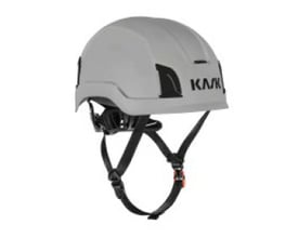 Lys grå Kask Zenith X Max sikkerhedshjelm med sort hagerem, set skråt forfra.